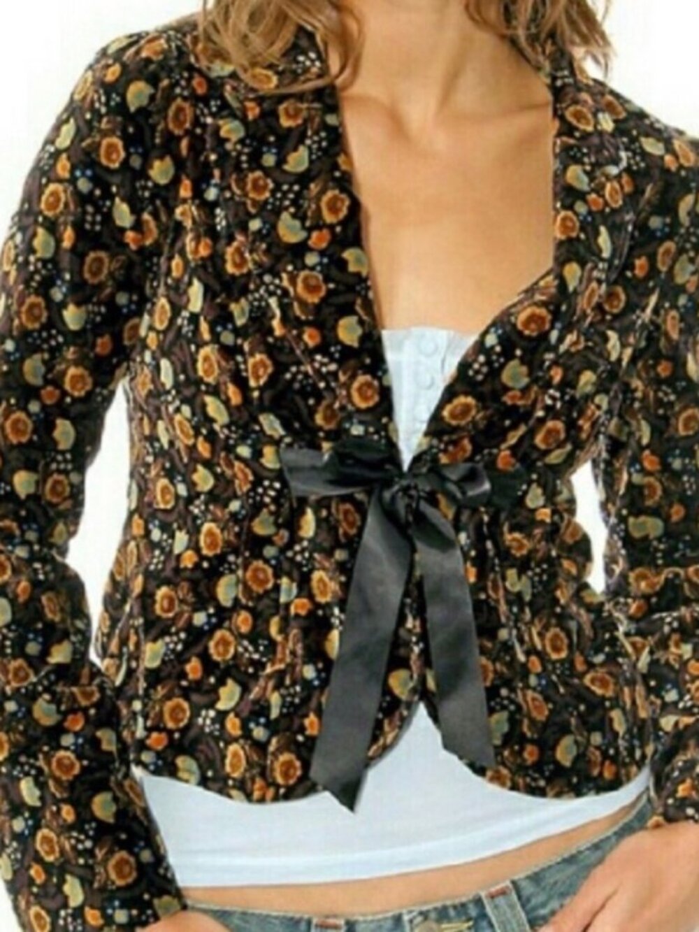 Free People Vintage Boho Black Floral Velvet Crop Tie Front Blazer Jacket - 2